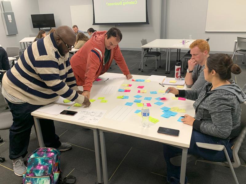 Four students in the Masters of Innovation Design Program collaborate on a design thinking exercise.